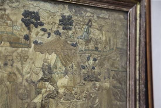 A 17th century silkwork panel, 12 x 15.75in.